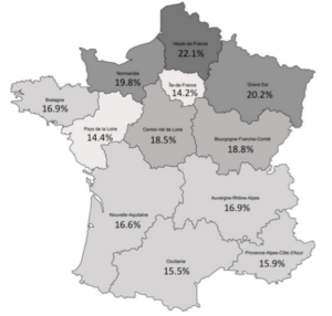 Distribution régionale de la prévalence de l’obésité. Etude Obépi-Roche 2020.