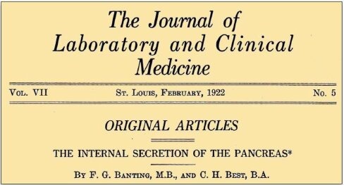 Premier article de Frederick Banting et Charles Best (février 1922) rapportant les résultats de l’administration d’au moins 75 doses d’extrait pancréatique à partir de « pancréas dégénéré ». de Leiva-Hidalgo A, et al. Acta Diabetol. 2023 Feb;60(2):163-189.