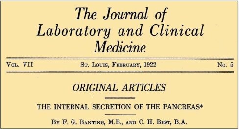 Premier article de Frederick Banting et Charles Best (février 1922) rapportant les résultats de l’administration d’au moins 75 doses d’extrait pancréatique à partir de « pancréas dégénéré ». de Leiva-Hidalgo A, et al. Acta Diabetol. 2023 Feb;60(2):163-189. 