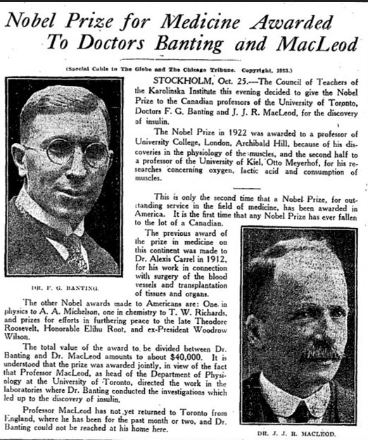 ‘Une’ du journal The Globe du 23 octobre 1923, rapportant l’attribution du prix Nobel de médecine à Banting et Macleod. de Leiva-Hidalgo A, et al. Acta Diabetol. 2023 Sep;60(9):1241-1256.