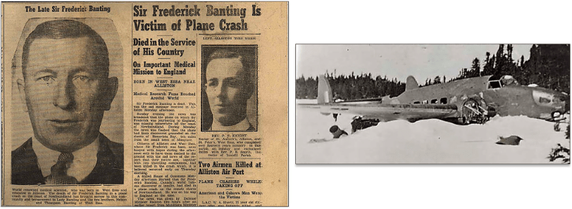 Sir Frederick Banting, victime d’un accident d’avion. Photos du journal Alliston Herald. de Leiva-Hidalgo A, et al. Acta Diabetol. 2023 Feb;60(2):163-189. 